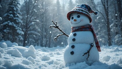 Snowman with a hat and scarf standing in a snowy forest landscape
