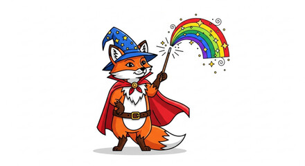 Illustration of a fox wizard with a magic wand creating a rainbow with stars and swirls around it