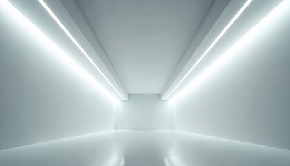 White minimalist empty room interior shows modern design. Linear LED light strips illuminate ceiling, creating bright futuristic clean space. Low angle view highlights open architecture, sleek