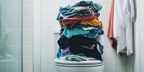 A significantly Overloaded Laundry Pile Accumulated in the Bathroom Area of the House