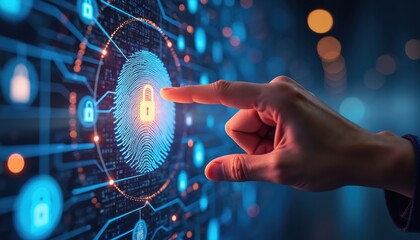Person touches glowing digital fingerprint with padlock icon. Futuristic cyber security and data protection concept. Network of locks and circuits.