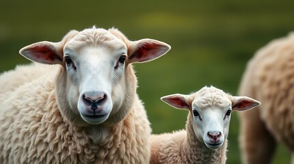 Obraz premium Sheep and Lamb Standing Together in a Green Pasture, with Soft Natural Sunlight and Shallow Depth of Field