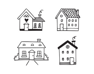 Hand drawn doodle house vector set. Cute outline houses black and white line illustration