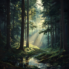 Fototapeta premium A Morning in the EnchantedForest - The Serene Beautyof Sun-kissed Woodlands atDawn