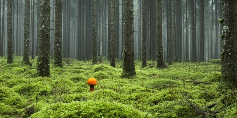 In a Mystical Forest, an Orange Mushroom Blooms Amidst Soft, Green Moss Covering the Ground