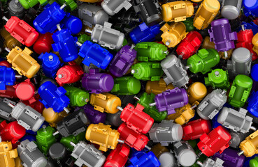 Colorful electric motors top view pile, background. 3D rendering