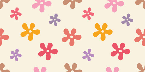 Seamless pattern with colorful abstract daisy flowers on a light background