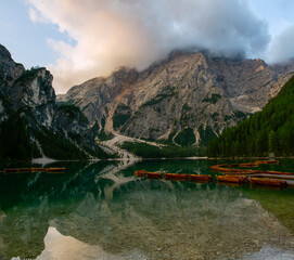 Lake Braies-Neboli-Pragser Wildsee is a lake in the Italian region of South Tyrol, one of the most beautiful lakes in the Dolomites.Italy. Tourism concept.