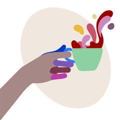 A woman's hand holding a green coffee cup with splashes of liquid in it isolated on white. Vector multicolored illustration in funny flat cartoon style