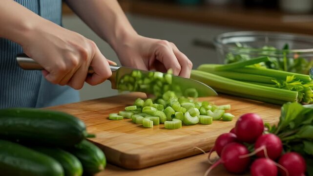 Someone is carefully chopping fresh celery into small pieces on a wooden cutting board, alongside cucumbers and radishes, preparing a meal or a salad in a bright kitchen setting.