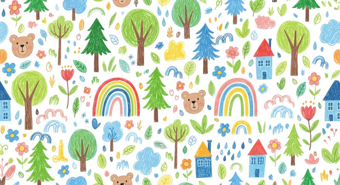 Adorable Hand Drawn Forest Friends and Colorful Rainbows Seamless Pattern for Kids Playful Designs