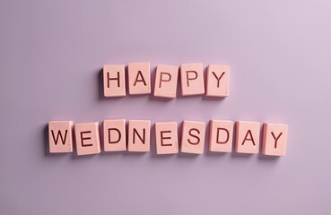 Obraz premium Pink letter tiles spell Happy Wednesday words. Simple message on light purple background brings mid-week cheer, daily motivation, positive vibes. Bright greeting for digital content, social media,