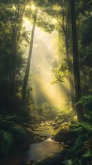 Obraz premium A Morning in the EnchantedForest - The Serene Beautyof Sun-kissed Woodlands atDawn