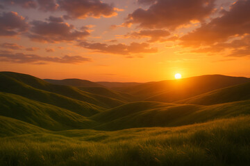 Obraz premium Sunset over rolling green hills landscape with golden sunlight, scenic nature view horizontal