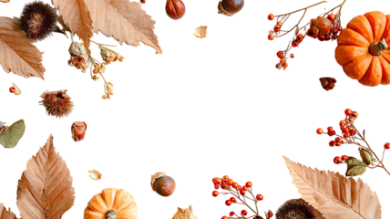Autumn composition. Dried leaves, pumpkins, flowers, rowan berries on white background.