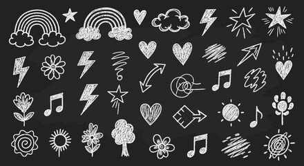 A Chalkboard Drawing Collection of Fun Icons and Symbols Featuring Rainbows Clouds Stars Hearts Flowers and Music Notes