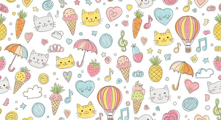Charming Whimsical Doodle Pattern Featuring Cute Animals Sweet Treats And Playful Elements Perfect For Kids Designs And Decorations
