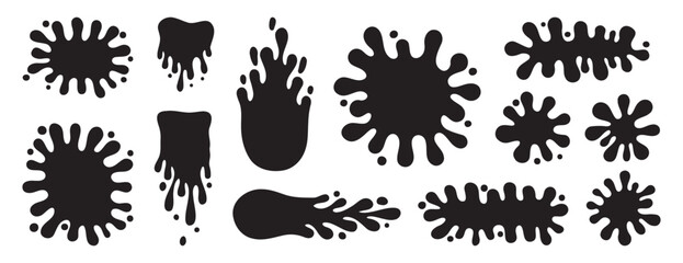 Round ink splatter flat collection. Paint splash shapes black set. decorative shapes liquids. Grunge splashes and in groovy cartoon style