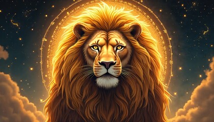 Illustration of the Leo zodiac sign a symbol of courage power and confidence. Majestic lion with golden mane and background of stars and clouds in the night sky.