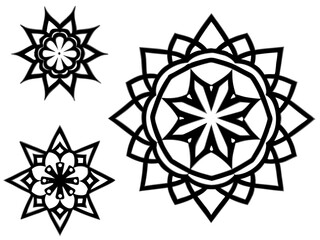 Set of 4 black vector flower mandala designs scalable geometric ornaments for creative projects silhouette White background