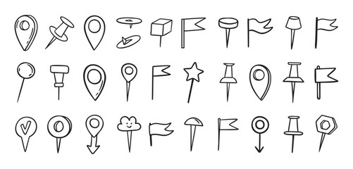Pins hand drawn doodle set. Pin line drawing style for planner or map. Pins variable icons
