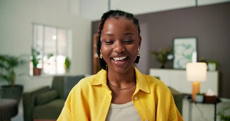 Wave, black woman and face in video call for presentation with business proposal, document and pov. African entrepreneur, talking and virtual meeting for greeting, paperwork and online conference - Powered by Adobe