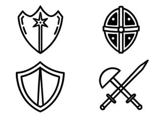 Set of four vector shield and sword icons scalable illustration for graphic design projects silhouette White background