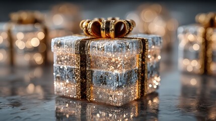 A beautifully wrapped gift box covered in ice and glitter sparkles with a golden ribbon and bow sitting on a reflective surface with festive lights