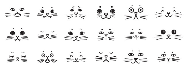 cute funny cat faces doodle hand drawn icon set. Outline drawing cats emotions different mood happy or sad line clipart symbol collection