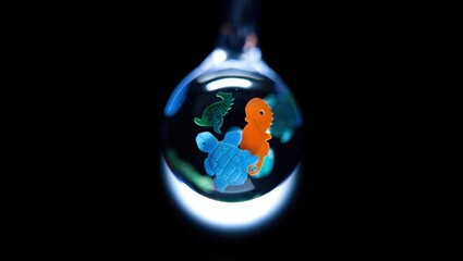 A glowing glass orb contains tiny, colorful sea creatures — a blue seahorse and orange fish — floating in miniature ocean waves against black, evoking wonder and marine magic.