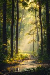 Naklejka premium A Morning in the EnchantedForest - The Serene Beautyof Sun-kissed Woodlands atDawn