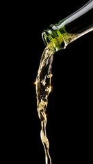 Golden liquid pours dynamically from a green bottle against black, capturing the elegance and motion of wine or champagne in a dramatic, high-contrast moment.
