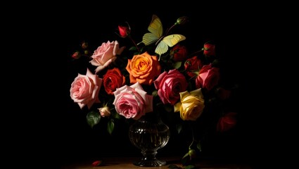 A vibrant bouquet of roses in pink, red, orange, and yellow blooms elegantly in a glass vase, illuminated against a dark, dramatic background.