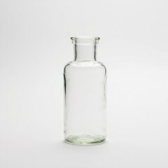 A clear, empty glass bottle with a narrow neck and rounded base stands against a plain white background, simple and minimalist in design.