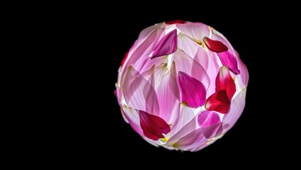 A spherical arrangement of delicate pink and magenta flower petals, glowing softly against a black background, creating an ethereal, organic orb.
