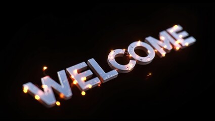 Glowing 3D "WELCOME" letters sparkle with warm lights against a dark background, creating a festive and inviting atmosphere.