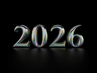 Shiny, metallic "2026" numbers gleam with rainbow reflections on a sleek black surface, symbolizing the future with modern elegance and depth.
