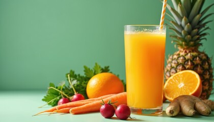 Fototapeta premium Tall glass of juice with straw near pineapple. There are fruits and vegetables like ginger orange carrot radish parsley near. It is healthy drink with vitamins for summer diet.