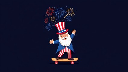 Uncle Sam rides a skateboard with fireworks bursting above, celebrating in patriotic red, white, and blue against a dark background.