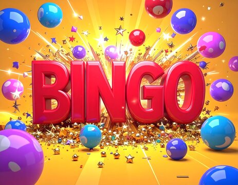Classic 3D BINGO Text with Colorful Spheres and Stars