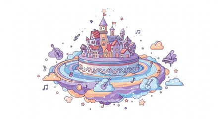 Fototapeta premium Illustration of a whimsical town on a cake surrounded by clouds and musical notes with instruments