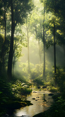Fototapeta premium A Morning in the EnchantedForest - The Serene Beautyof Sun-kissed Woodlands atDawn