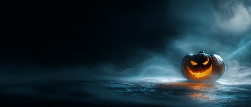 Illuminated sinister pumpkin: the essence of spooky festivities. Daring imagery. Softly tilted mischief: subtle alterations to the classic glowing pumpkin. Advertising photo. Visionary fashion.