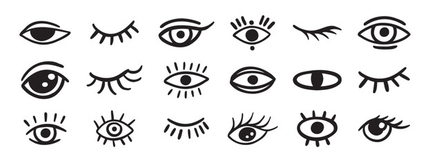 Obraz premium eyes and lashes doodle hand drawn icon set. Outline drawing line clipart symbol collection