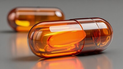 Two amber capsules on gray, focus on one. Capsules semi-translucent, shiny