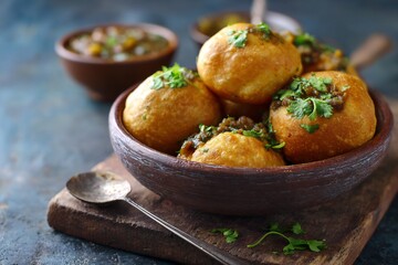 Closeup of delicious pani puri, an indian street food, served in a rustic bowl on a wooden board, showcasing the goldenbrown crispy shells filled with flavorful ingredients