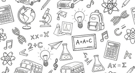 Obraz premium A Whimsical Collage of Educational Icons and School Supplies Creating a Playful Pattern for Learning and Discovery
