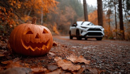 Spooky carved Halloween pumpkin glows on forest road next to modern SUV during autumn adventure
