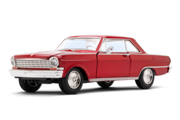 Front view of a red colored muscle model toy car photographed on a transparent background