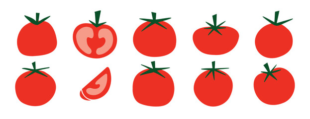 Flat tomato icons set, red tomato illustrations with green stems, fresh food elements